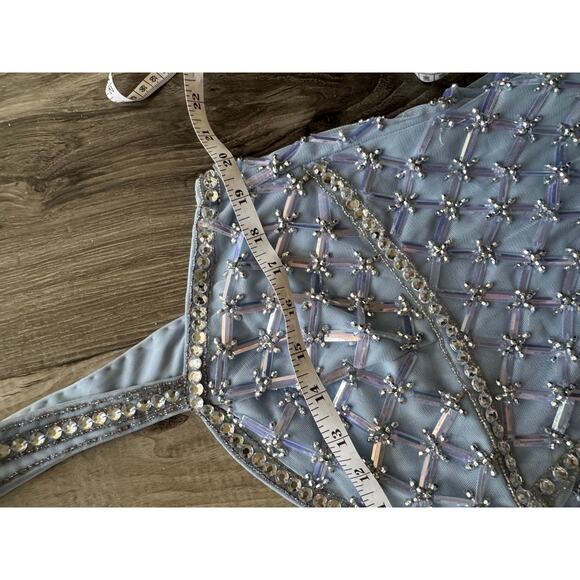 NWT ASOS DESIGN Light Blue Beaded Feather Hem Dress Size 14 Glam Formal Gown - Picture 13 of 16